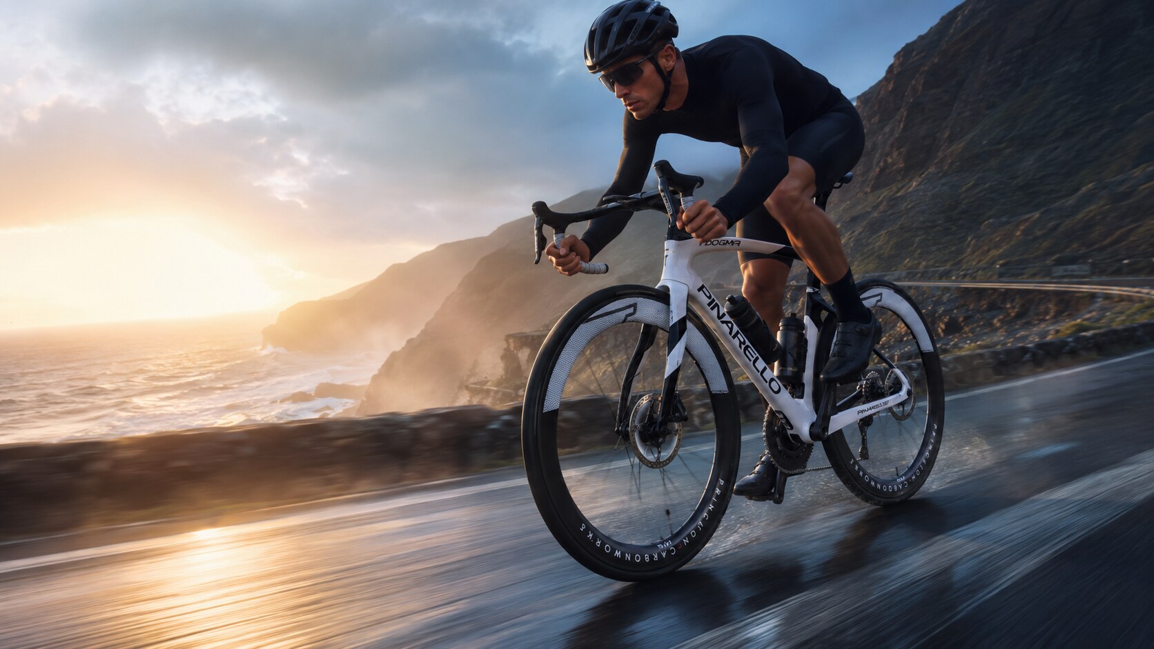 骑手在海岸公路骑行 Pinarello Dogma