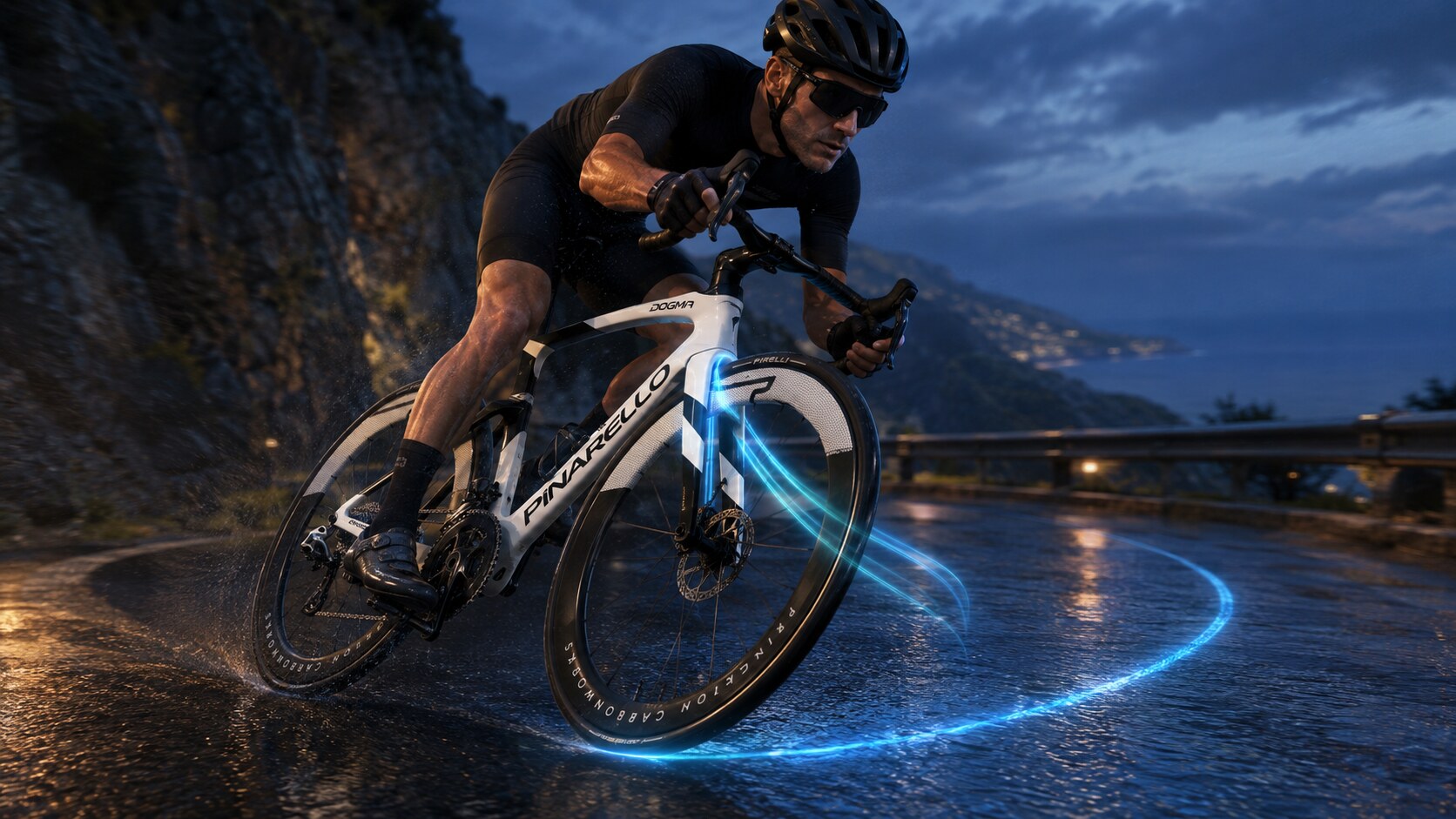 骑手在雨夜山路驾驶 Pinarello Dogma 过弯