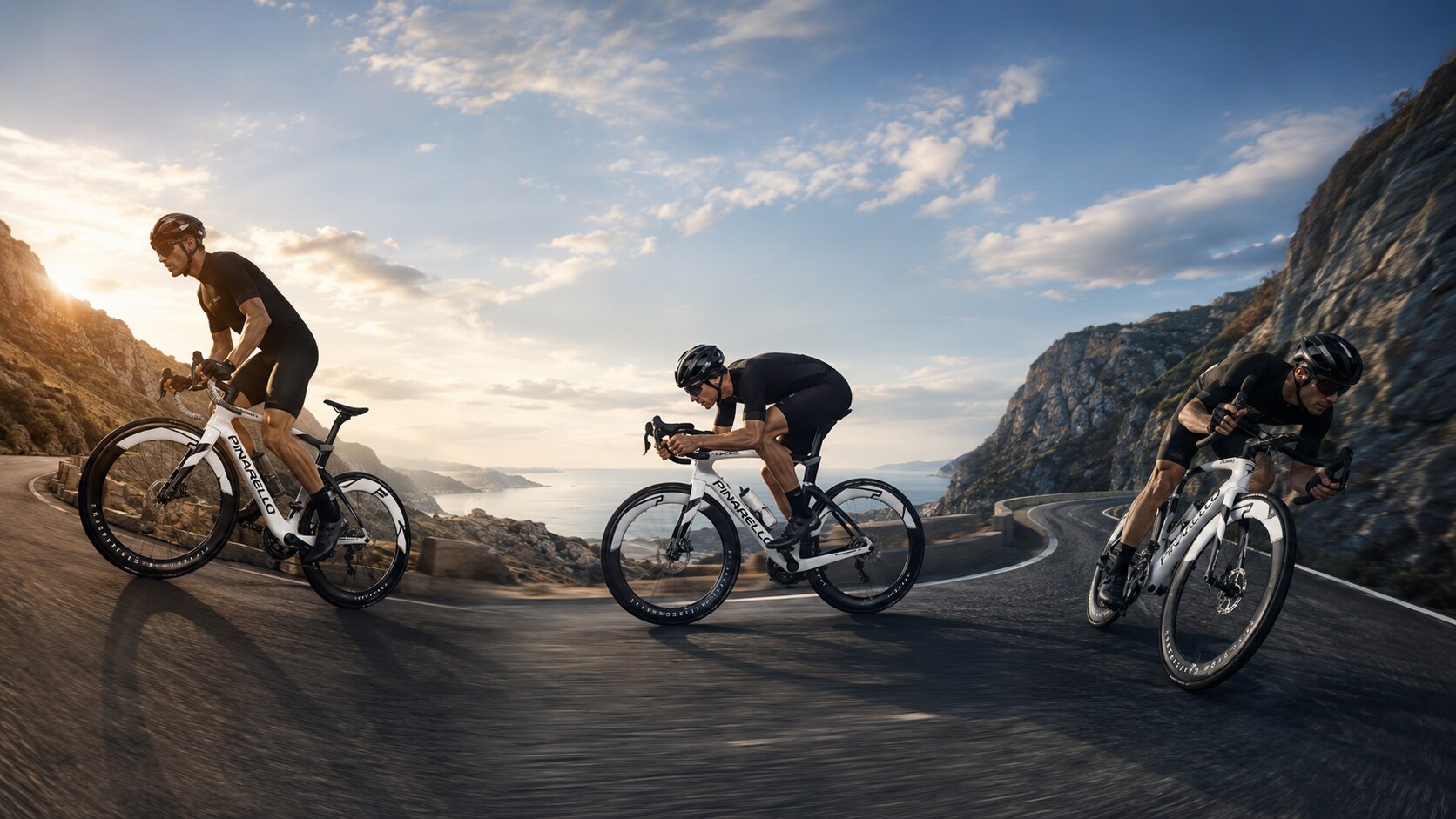 三名骑手驾驶 Pinarello Dogma 穿行海岸山路