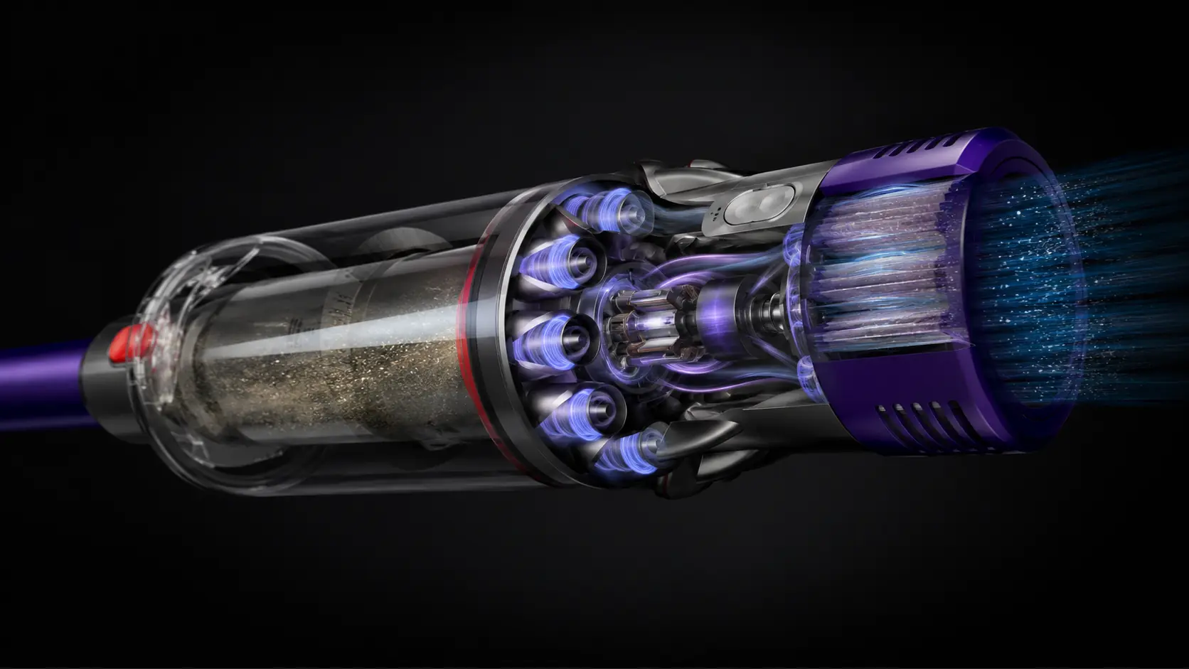 Dyson cordless vacuum motor and cyclone cutaway visualization