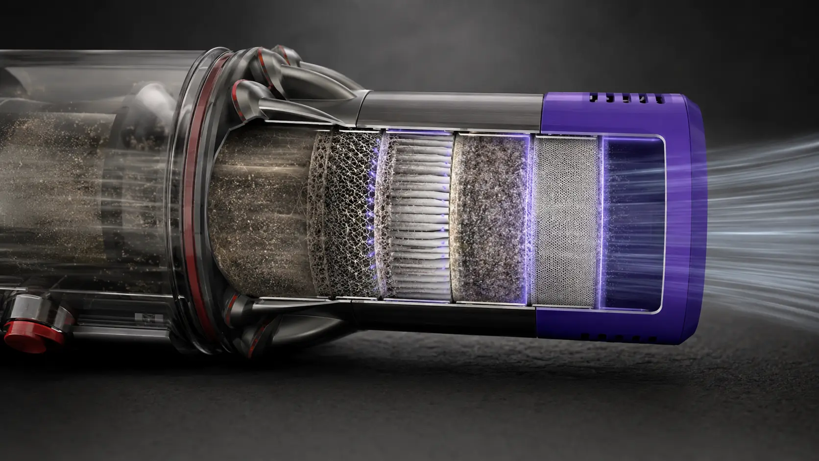 Dyson cordless vacuum filtration system close-up