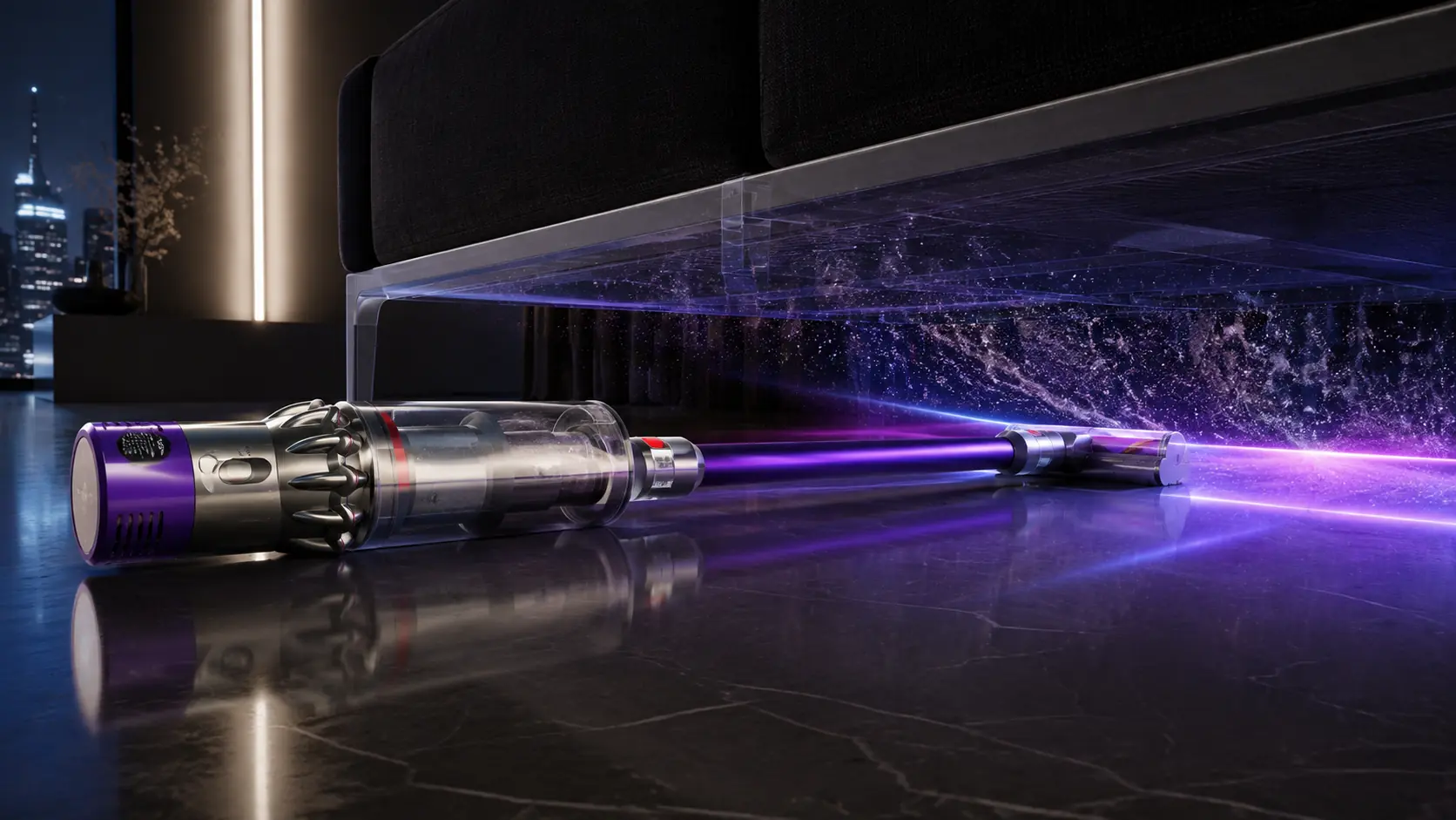 Dyson cordless vacuum cleaning along a wall edge