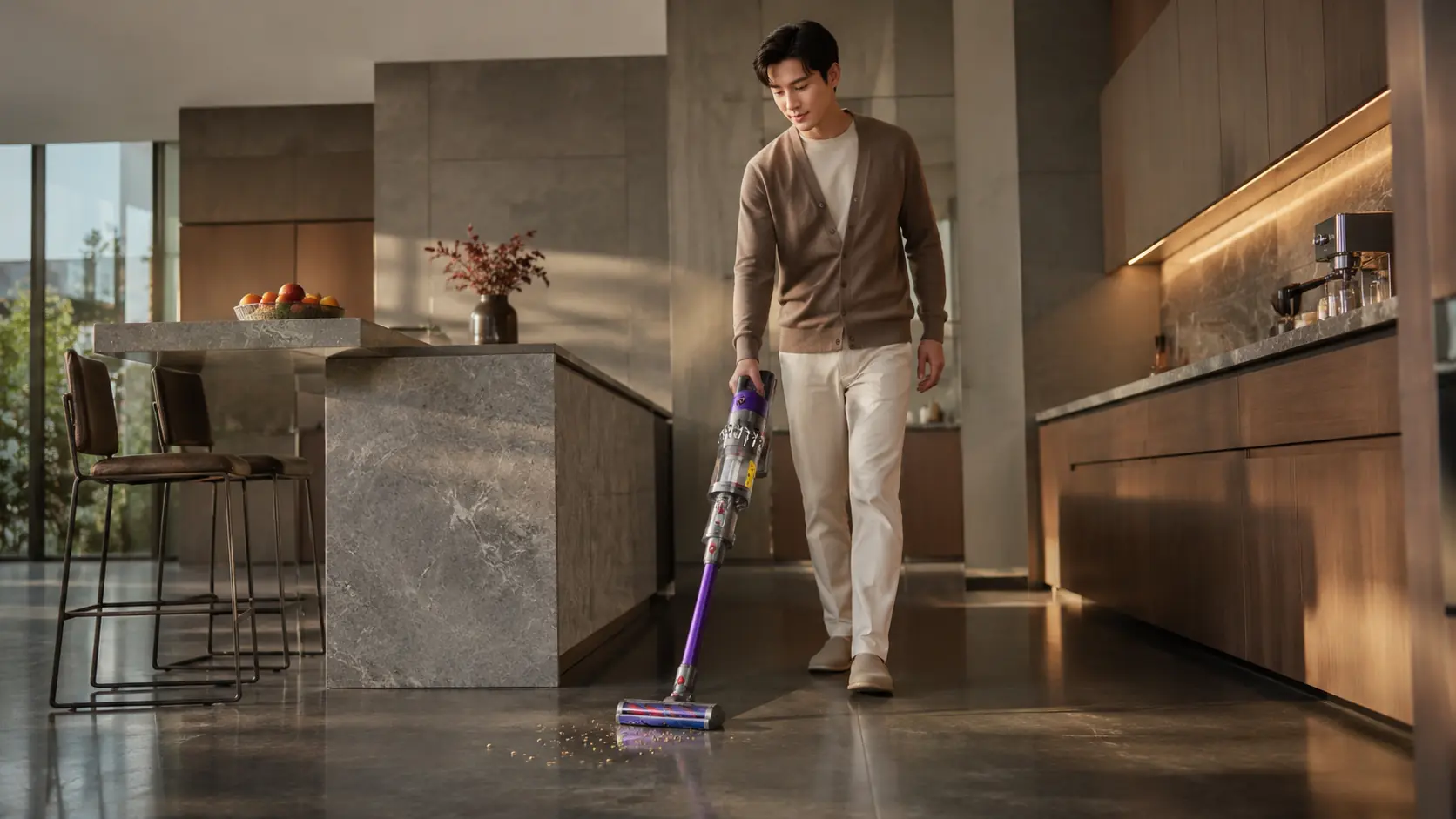 Man using a Dyson cordless vacuum in a modern home