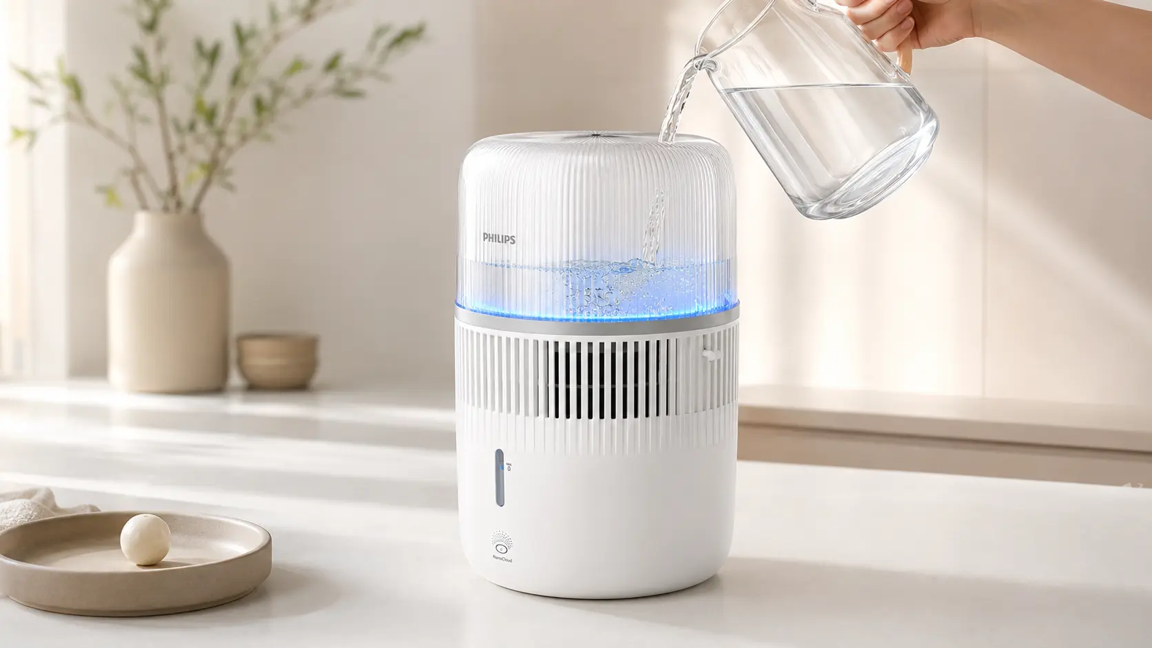 Water being poured into the top of a Philips smart humidifier