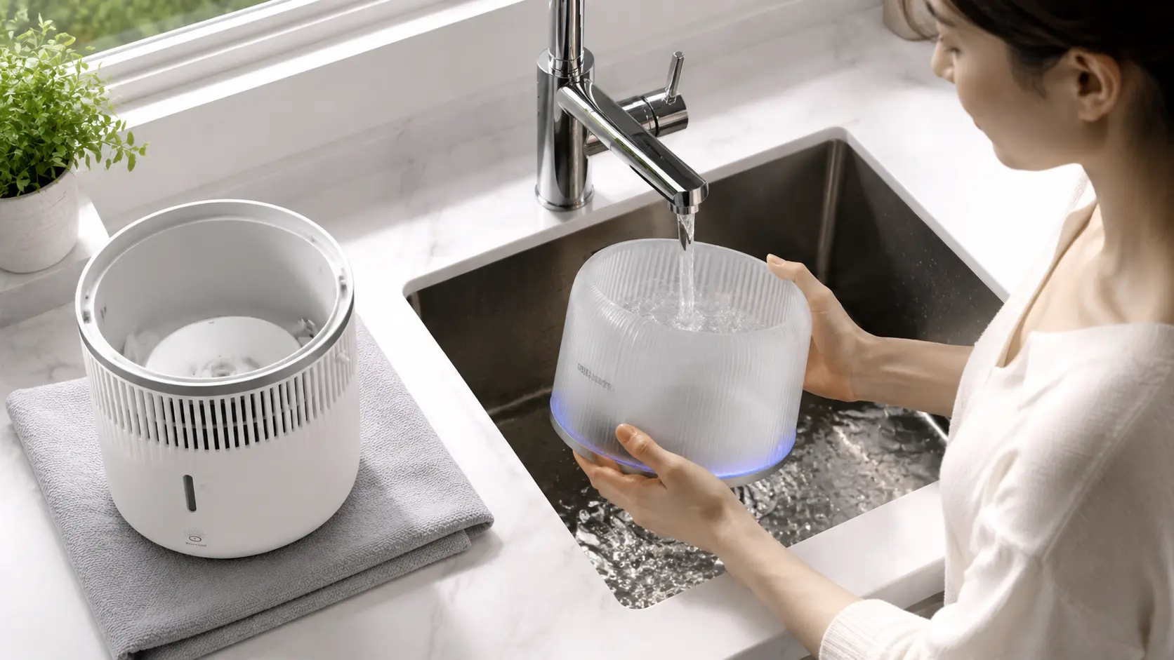 Removable Philips humidifier water tank being cleaned