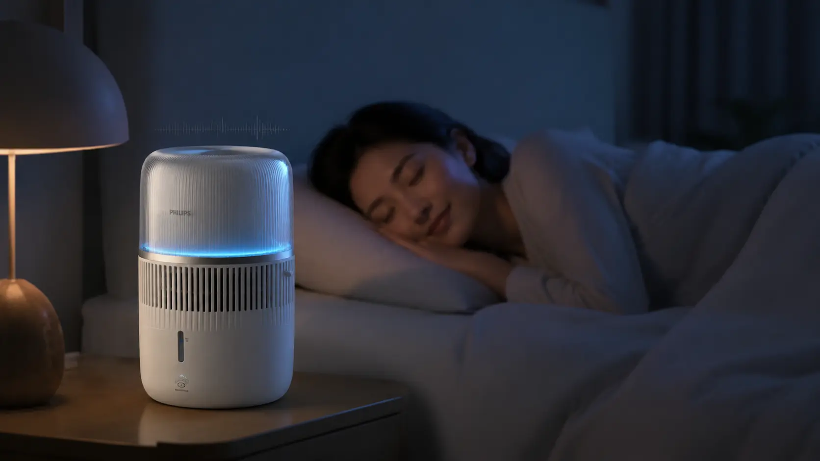 Philips humidifier operating quietly beside a sleeping woman