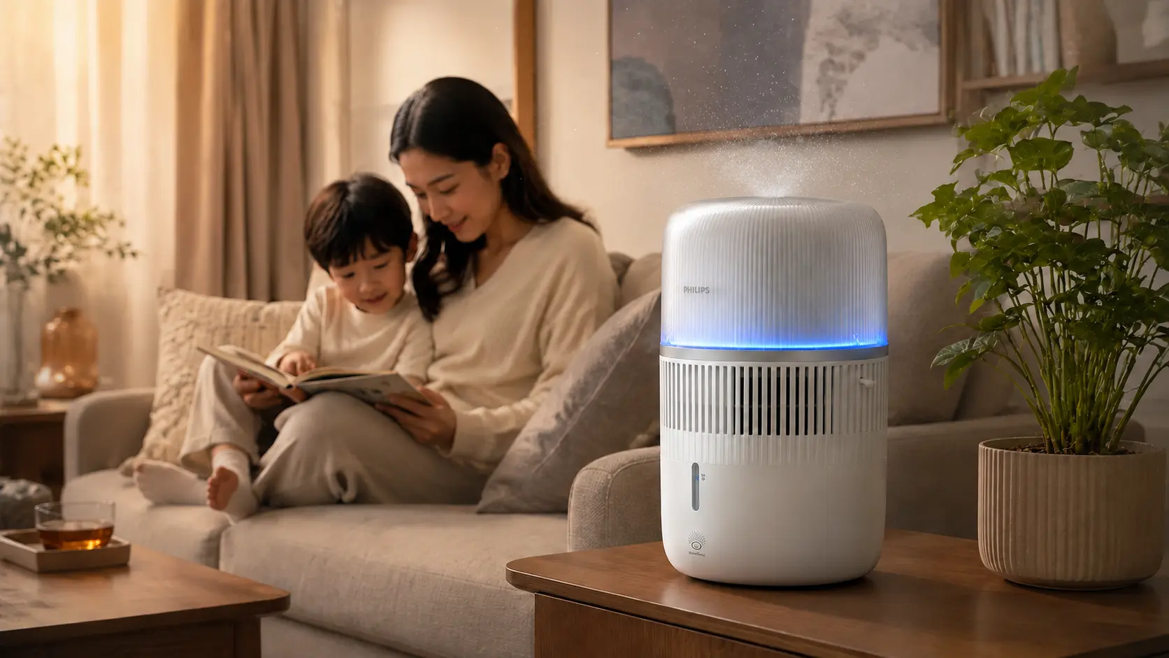 Mother and child relaxing beside a Philips humidifier