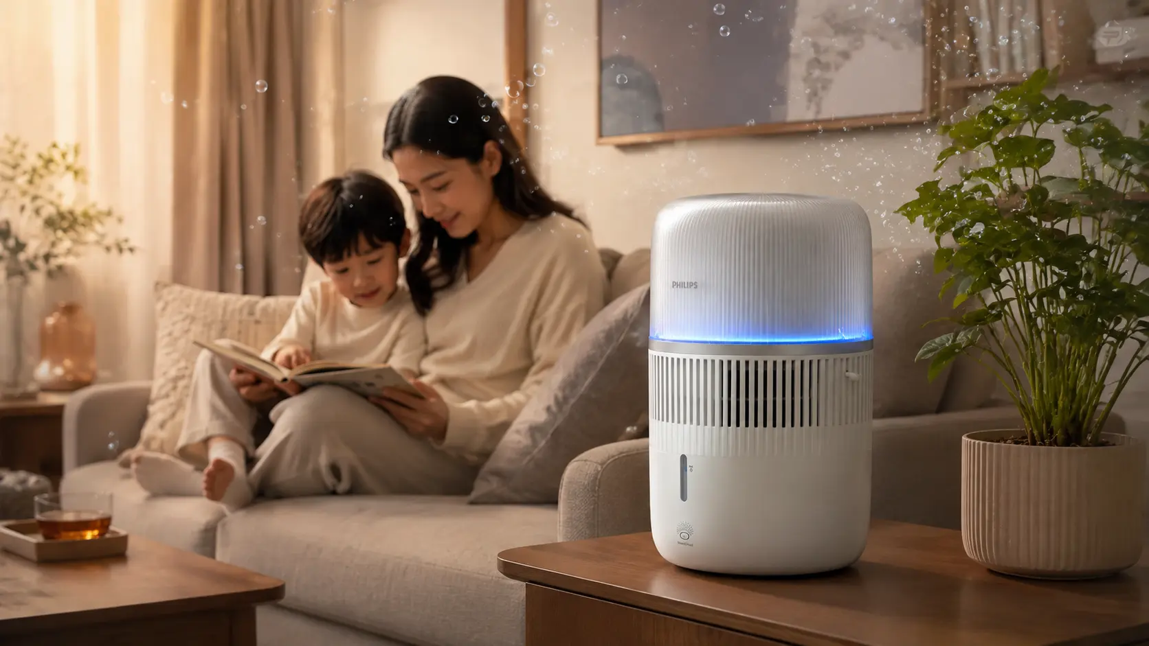 Family enjoying a comfortable living room with the humidifier