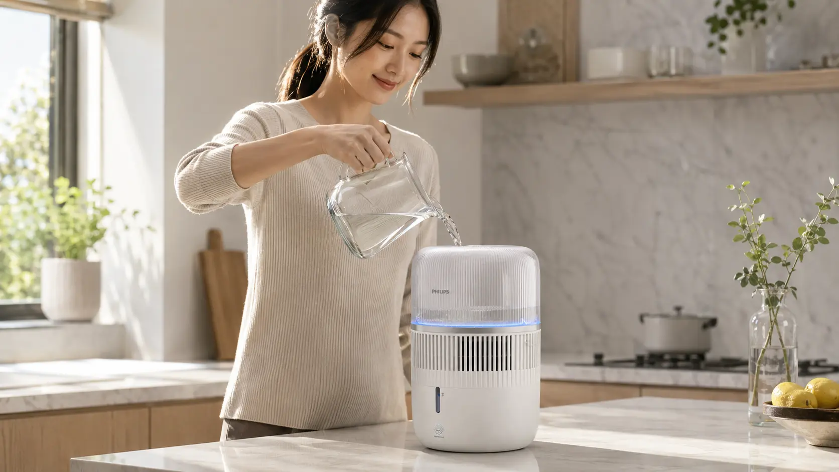 Woman refilling the Philips smart humidifier in a bright kitchen