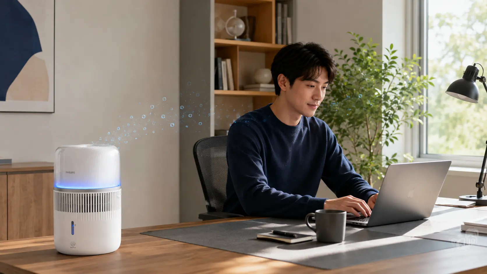 Man working beside a Philips humidifier in a home office
