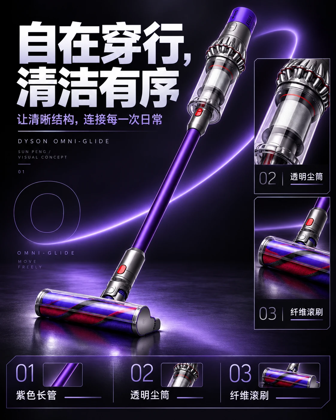 DYSON OMNI-GLIDE：自在穿行，清洁有序。让清晰结构，连接每一次日常。紫色长管、透明尘筒、纤维滚刷