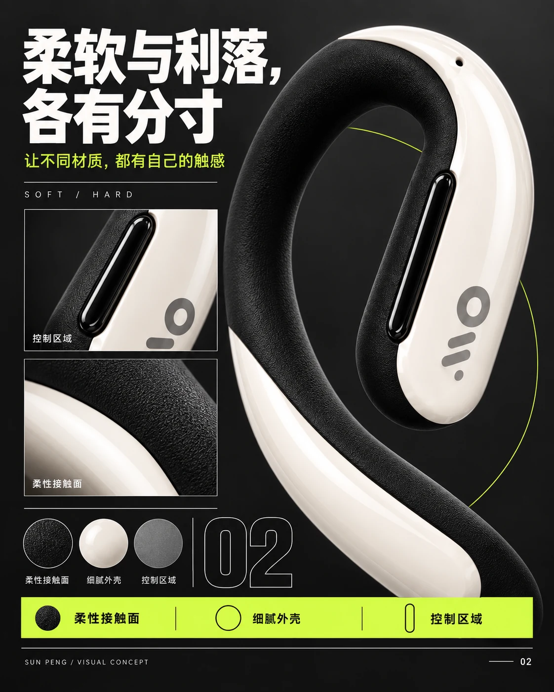SOFT / HARD：柔软与利落，各有分寸。让不同材质，都有自己的触感。柔性接触面、细腻外壳、控制区域