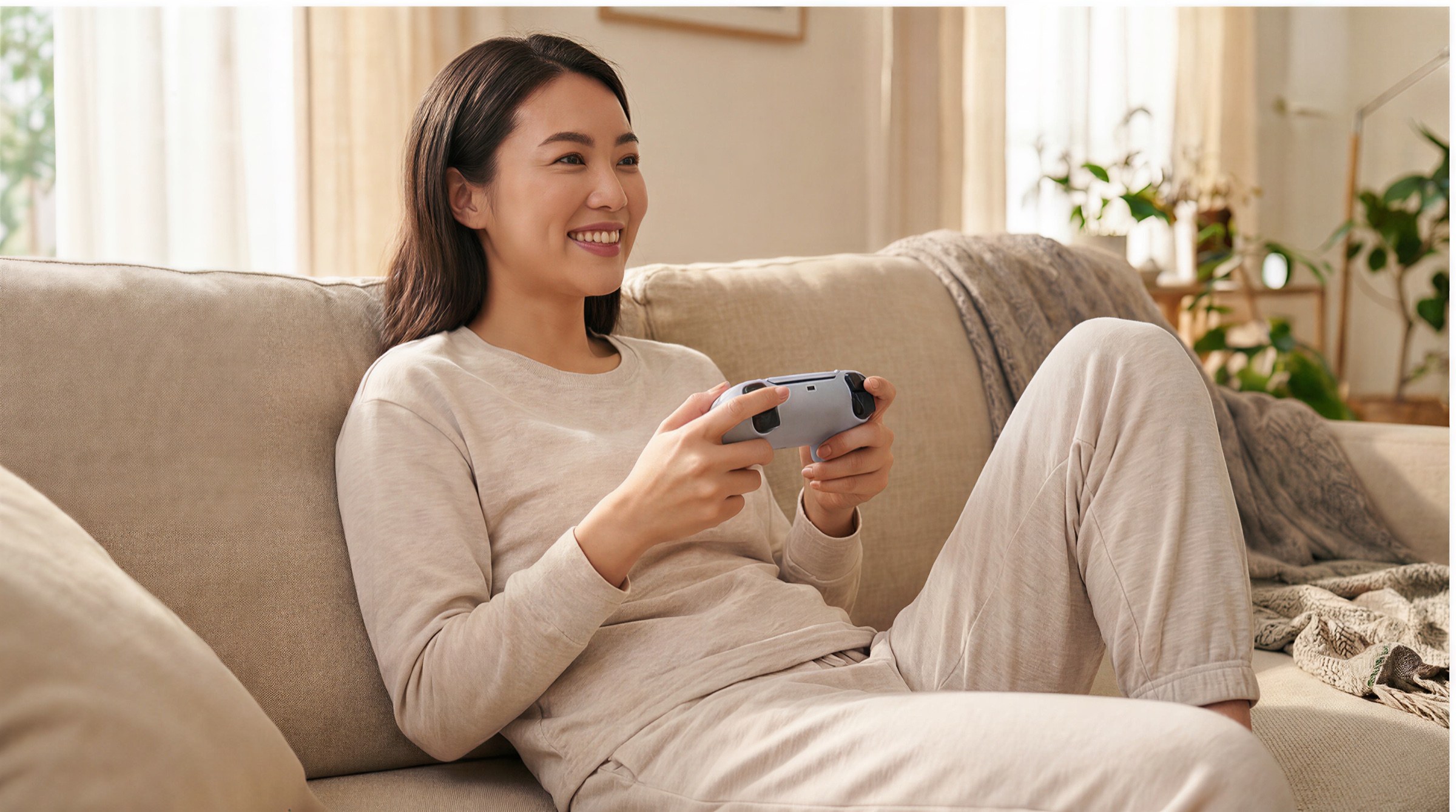 女性在家中使用 PS 游戏手柄